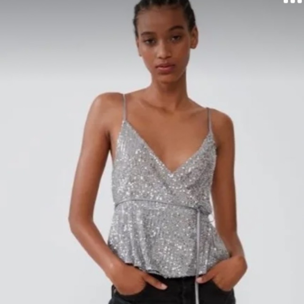 ZARA SILVER SEQUIN WRAP TOP NWT - Picture 2 of 6